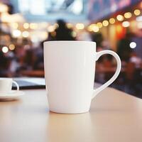 ai gerado branco caneca em de madeira mesa com ao ar livre Comida quadra fundo foto