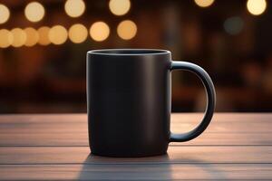 ai gerado Preto caneca em de madeira mesa às noite com bokeh fundo foto