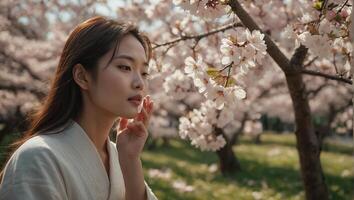 ai gerado ao ar livre lindo moda jovem coreano menina com Flor cereja flor fundo foto