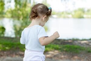 pequeno menina caminhando e jogando lado de fora perto lago foto
