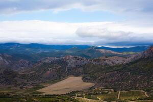 lindo vale dentro a montanhas com vinhas foto