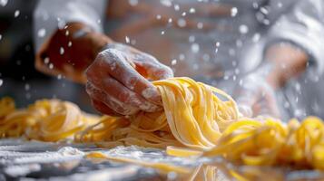 ai gerado chefe de cozinha aspersão massa em mesa foto