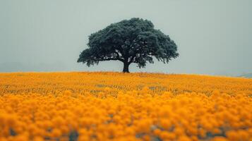 ai gerado solitário árvore dentro campo do amarelo flores foto