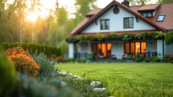 ai gerado casa com uma gramado dentro frente foto