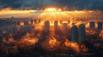 ai gerado Sol brilhando através nuvens sobre cidade foto