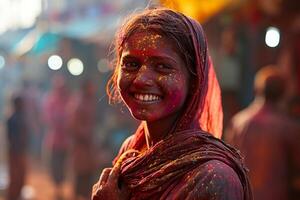 ai gerado uma holi festivo celebração. uma mulher é sorridente e vestindo uma vermelho lenço. ela é cercado de pessoas e a atmosfera é animado foto