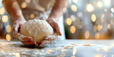 ai gerado mãos amassar fofo massa. caseiro cozimento. fazer caseiro pão. fundo com cópia de espaço foto