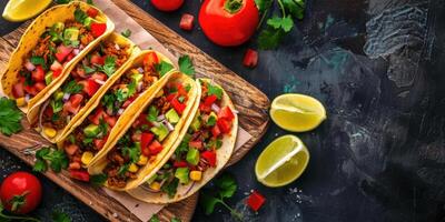 ai gerado apetitoso tacos com legumes em uma de madeira borda em uma Sombrio fundo com espaço para texto foto