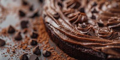 ai gerado fechar acima do uma chocolate bolo com chocolate creme em uma Sombrio fundo foto