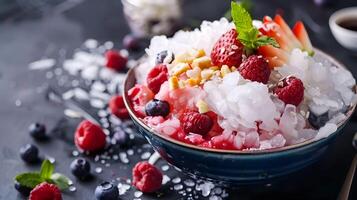 ai gerado Patbingsu raspada gelo com doce coberturas foto