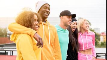 multiétnico grupo pessoas Adolescência amigos. afro-americano, asiático, caucasiano aluna gastos Tempo juntos multirracial amizade foto