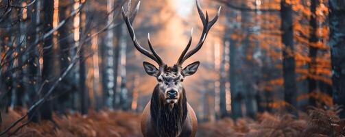 ai gerado nobre veado dentro a floresta, galhadas alcançando para a céu foto