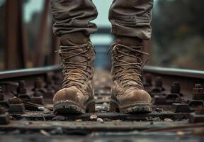 ai gerado caminhante dentro caminhada chuteiras em pé em a Ferrovia faixas foto