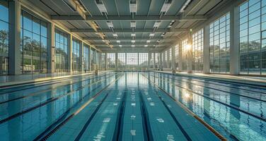 ai gerado natação piscina dentro a manhã. uma aquáticos instalação e seus Novo construção foto