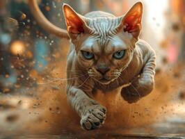 ai gerado sphynx gato corrida em a estrada de ferro foto