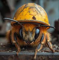 ai gerado abelha vestindo Difícil chapéu. abelha vestindo Difícil chapéu em uma Sombrio mesa foto