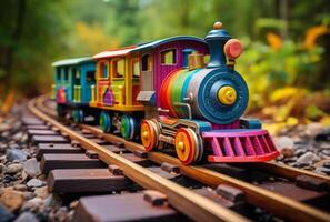 ai gerado brinquedo trem. uma colorida brinquedo modelo do vapor locomotiva passeios em a trilhos através a floresta foto