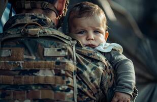 ai gerado soldado detém dele criança. uma soldado carregando uma criança fralda foto