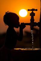 ai gerado Garoto bebidas água a partir de toque durante pôr do sol dentro a Vila foto