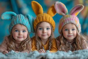 ai gerado três fofa pequeno meninas com Coelho orelhas em seus cabeças estão deitado em a cama. a conceito do infância felicidade família foto