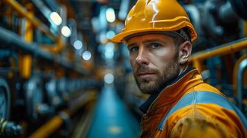 ai gerado retrato do homem trabalhando às petroquímico plantar foto