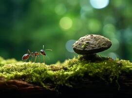 ai gerado foto do a formiga carregando em Está costas uma chapéu fez do pedra e musgo