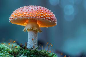 ai gerado amanita muscaria é venenoso cogumelo com vermelho pontos e branco pontos foto