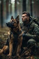 ai gerado militares soldado e cachorro dentro a floresta foto