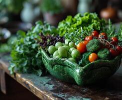 ai gerado fresco verde legumes e frutas dentro tigela em de madeira mesa foto