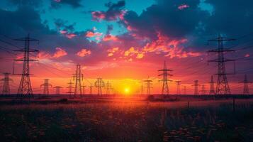 ai gerado a silhueta do a tarde eletricidade transmissão pilone foto