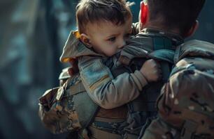 ai gerado militares homem e dele filho. uma soldado carregando uma criança fralda foto