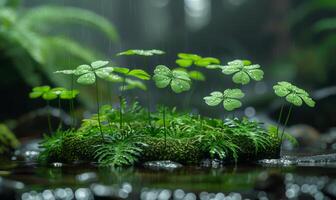ai gerado verde plantas e musgo crescendo em a chão do floresta dentro a chuva foto