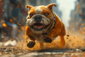 ai gerado uma buldogue cachorro corrida passado a dentro a cidade arquitetura foto