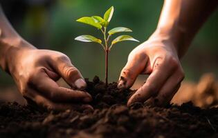 ai gerado mãos plantio pequeno árvore. uma mãos plantio uma jovem plantar dentro solo foto