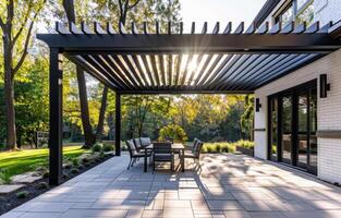 ai gerado pérgola fornece sombra e Lugar, colocar para relaxar em a pátio foto