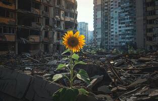 ai gerado girassol crescendo dentro a meio do a destroços, Pedregulho do destruído cidade foto