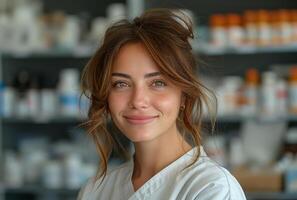 ai gerado retrato do lindo jovem fêmea farmacêutico sorridente dentro farmacia foto