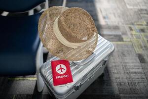 mão segurando Passaporte às a aeroporto às embarque portão. foto