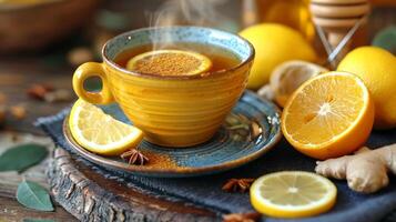 ai gerado quente limão chá dentro uma feito à mão xícara, cercado de fresco limões. conceito do natural remédio, reconfortante bebidas, e artesanal utensílios de cozinha foto