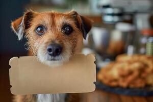 ai gerado pequeno terrier cachorro com uma em branco cartão placa dentro uma cozinha. conceito do animal fome, Comida solicitar, canino comunicação, e animal adoção. cópia de espaço. foto