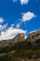 outono panorama com amarelo e verde árvores contra montanhas e a lindo azul céu foto