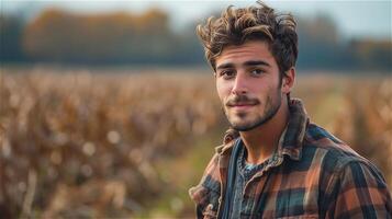 ai gerado bonito jovem homem agricultor com Fazenda fundo foto