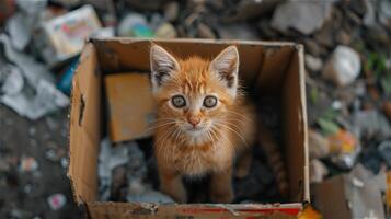 ai gerado gatinho dentro uma cartão caixa contra uma fundo cercado de Lixo foto