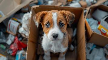 ai gerado cachorro dentro uma cartão caixa contra uma fundo cercado de Lixo foto