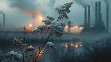 ai gerado flores morrendo a partir de ar poluição dentro poluição a partir de industrial fundo foto