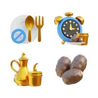 3d Ramadã ícones isolado branco fundo, 3d Renderização, muçulmano ícones, kurma, iftar, colher, garfo, bule de chá, vidro foto