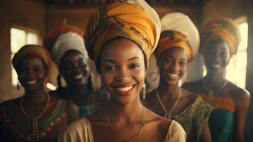 ai gerado uma grupo do africano mulheres vestindo colorida lenços e cabeça envoltórios foto