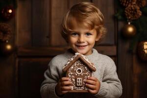 ai gerado criança de 4 anos Garoto detém uma Pão de gengibre casa dentro dele mãos e sorrisos foto