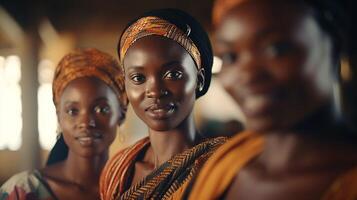 ai gerado uma grupo do africano mulheres vestindo colorida lenços e cabeça envoltórios foto