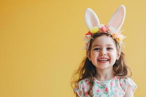 ai gerado pequeno sorridente menina com artificial Coelho orelhas em dela cabeça em uma pálido amarelo fundo foto